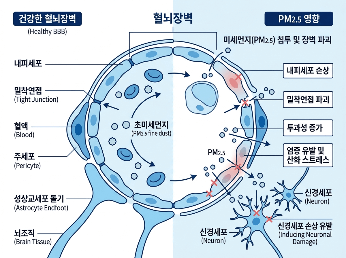 뇌혈관 내피세포와 미세먼지 입자 일러스트