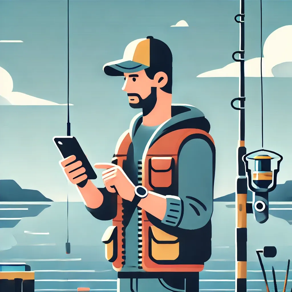 낚시꾼이 스마트폰으로 날씨를 확인하는 모습