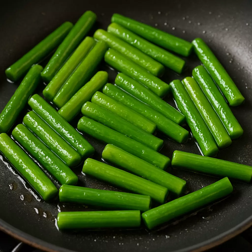 아삭하게 볶은 마늘쫑, 기름에 잘 코팅된 건강한 채소 볶음|다이어트 반찬으로도 인기 있는 고소한 볶음 요리