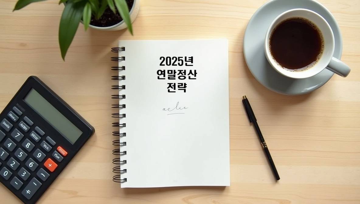 2025년 연말정산 전략'이라는 제목의 다이어리와 계산기, 커피가 놓여있는 깔끔한 책상 이미지.