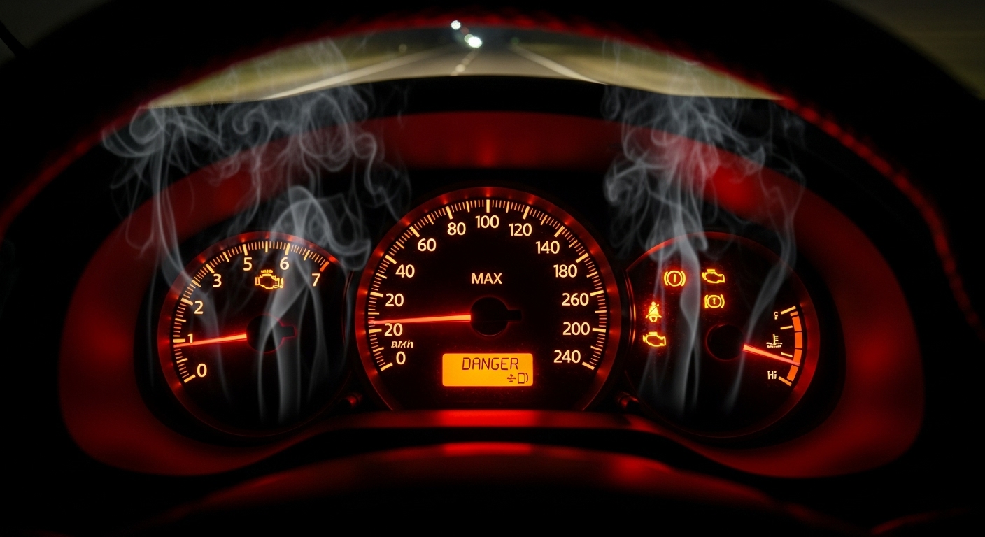 A car dashboard speedometer pointing to the red danger zone, with smoke rising from the engine, depicting a critical situation.