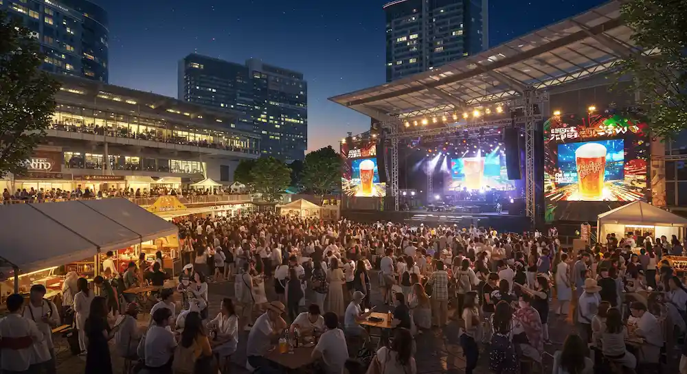 부산 영도 맥주축제에서 많은 사람들이 무대 공연을 즐기며 맥주를 마시는 야외 페스티벌 장면