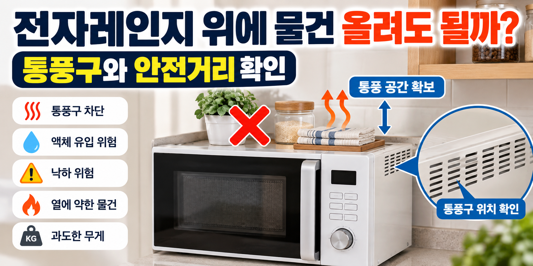전자레인지 위에 물건 올릴 때 통풍구와 안전거리 확인