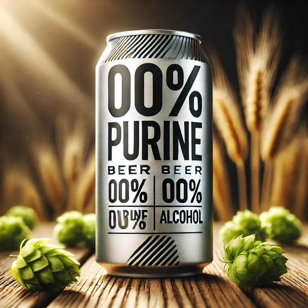 햇살이 비치는 나무 테이블 위의 제로퓨린 맥주 캔, 신선한 홉과 보리가 함께 배치된 건강 강조 이미지