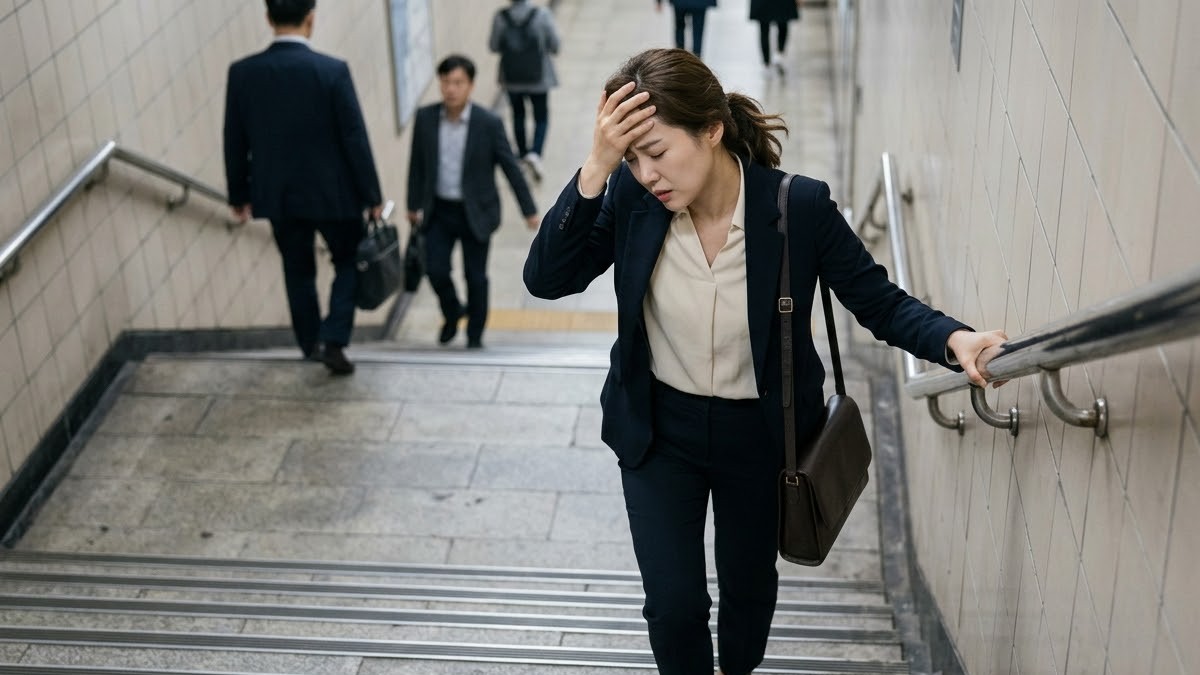 계단을 오르다 어지러워 난간을 잡은 여성
