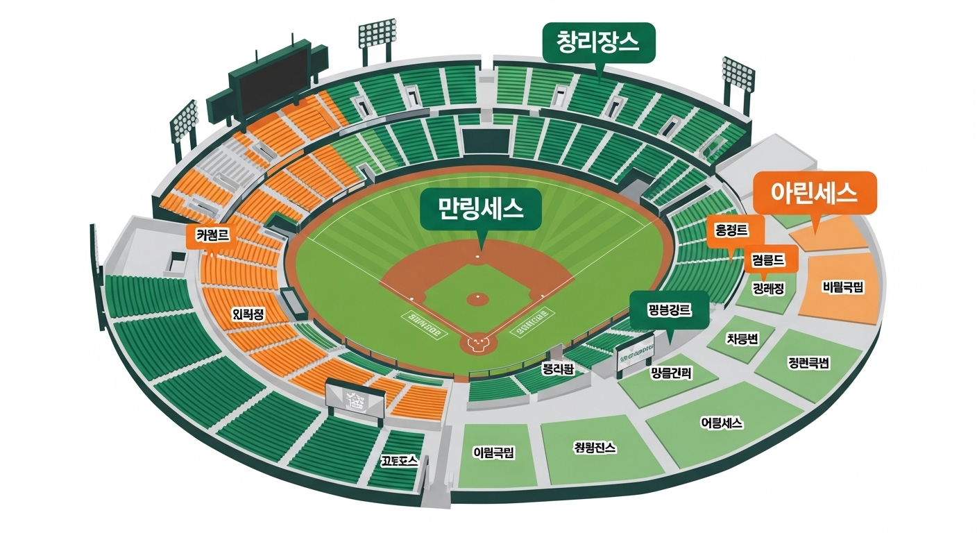 2025 한국시리즈가 열릴 야구 경기장의 좌석 배치도와 가격 구역을 보여주는 일러스트