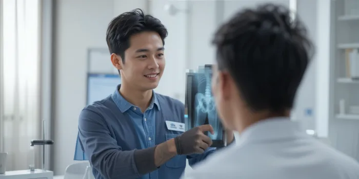 의사와 함께 고관절 X-ray를 확인하는 남자