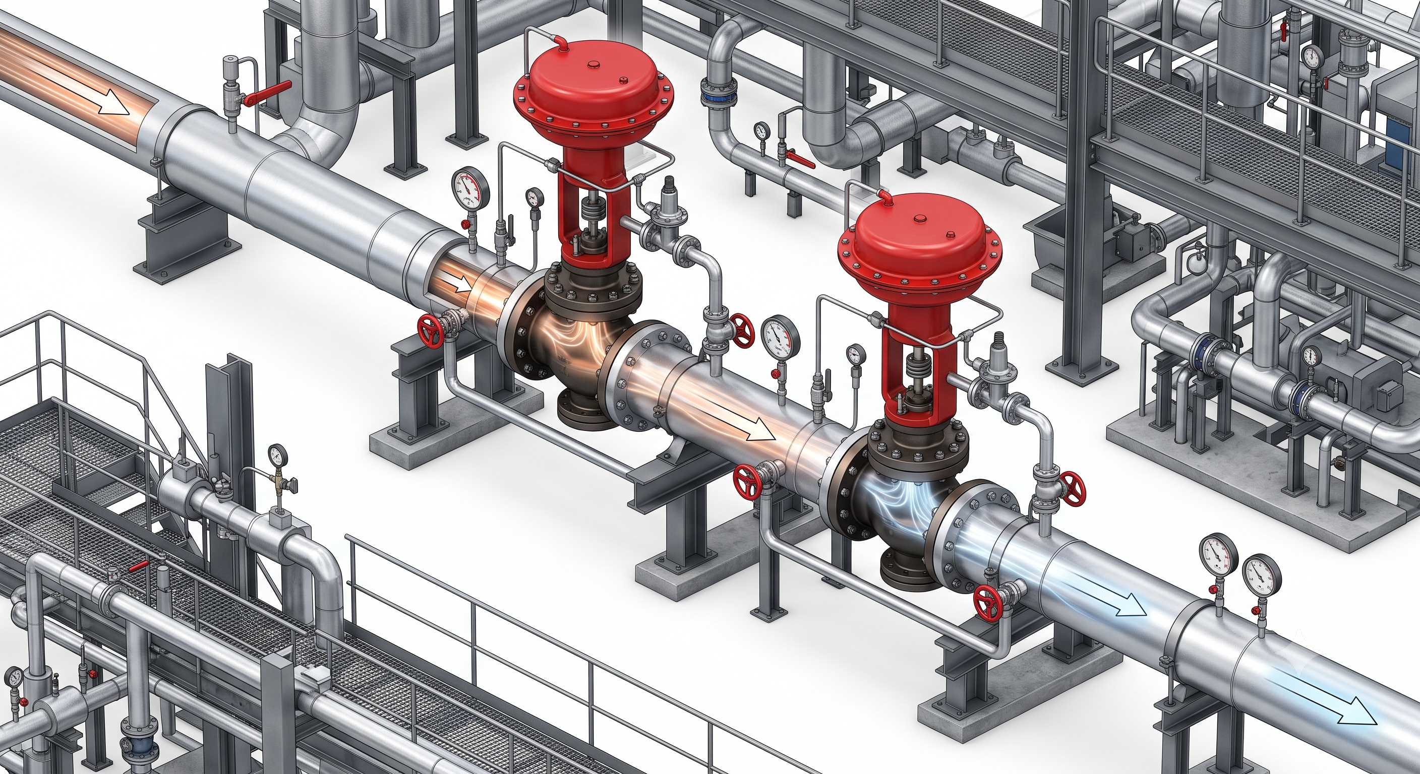 대형 플랜트 기계실 스팀 감압밸브(PRV) 2단 감압(Two-stage Reduction) 배관 3D 계통도