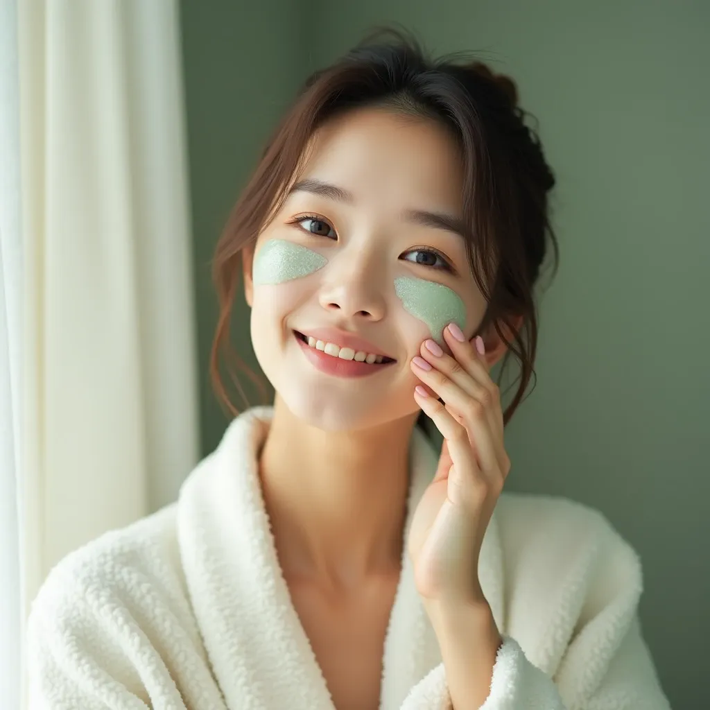 미소 짓는 여성&amp;#44; 녹색 얼굴 마스크 적용&amp;#44; 흰색 가운&amp;#44; 부드러운 조명&amp;#44; 차분한 분위기&amp;#44; 스킨케어 루틴&amp;#44; 자연의 아름다움&amp;#44; 아늑한 분위기&amp;#44; 고요한 표정&amp;#44; 스파 데이&amp;#44; 감동적인 얼굴&amp;#44; 부드러운 촉감&amp;#44; 웰빙 연습&amp;#44; 자기 관리&amp;#44; 실내 사진&amp;#44; 미니멀한 배경&amp;#44; 젊음의 빛&amp;#44; 건강한 피부&amp;#44; 행복한 기분