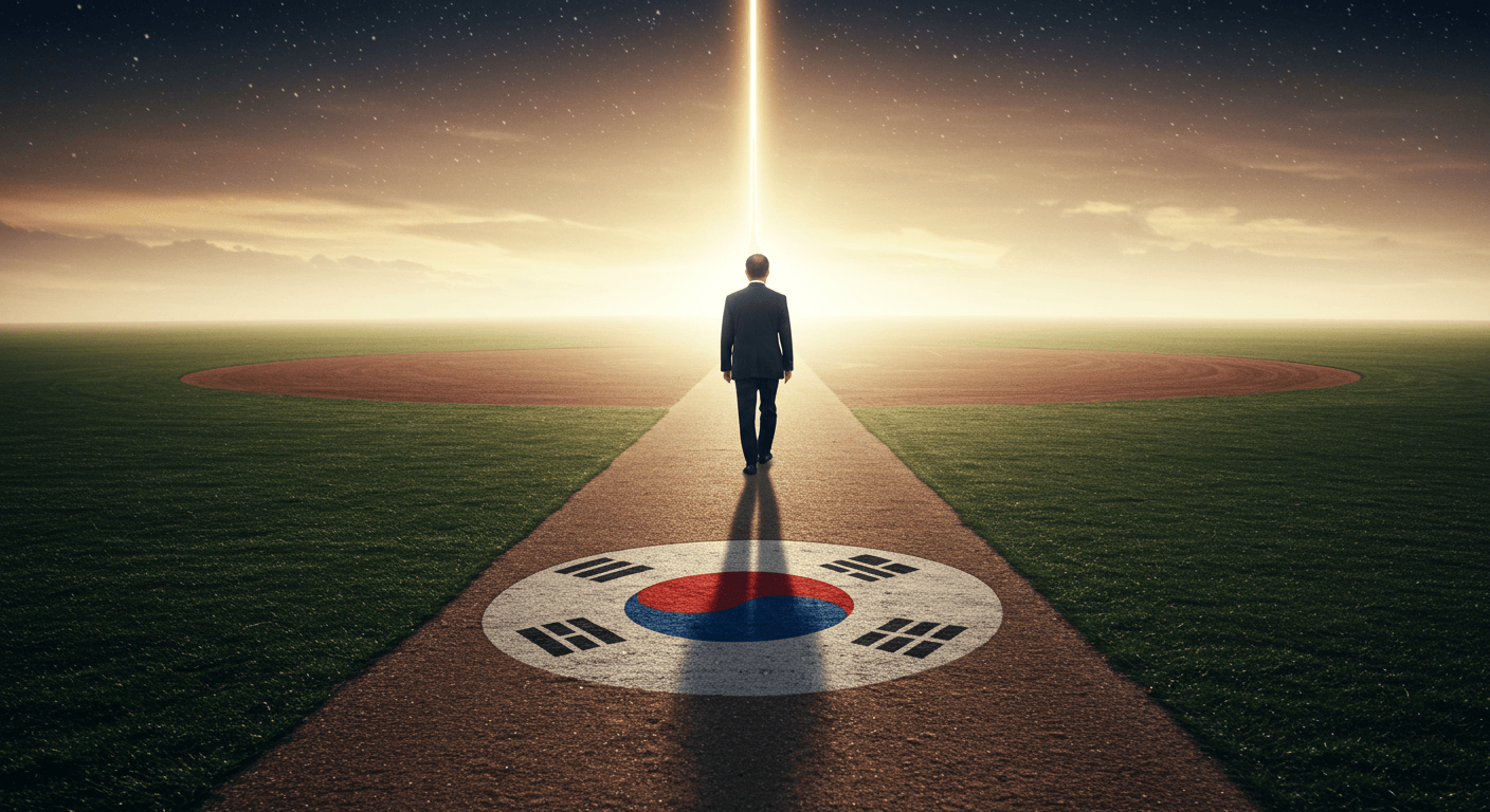 한국 프로야구를 상징하는 야구공 길이 밝은 수평선으로 이어지고&amp;#44; 한국인 총재가 걸어가는 이미지 2