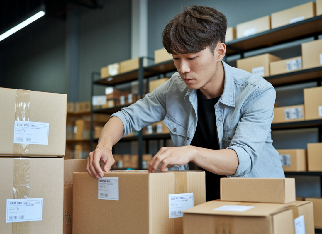 택배를 이용하거나 배달을 이용하는 소상공인 모습