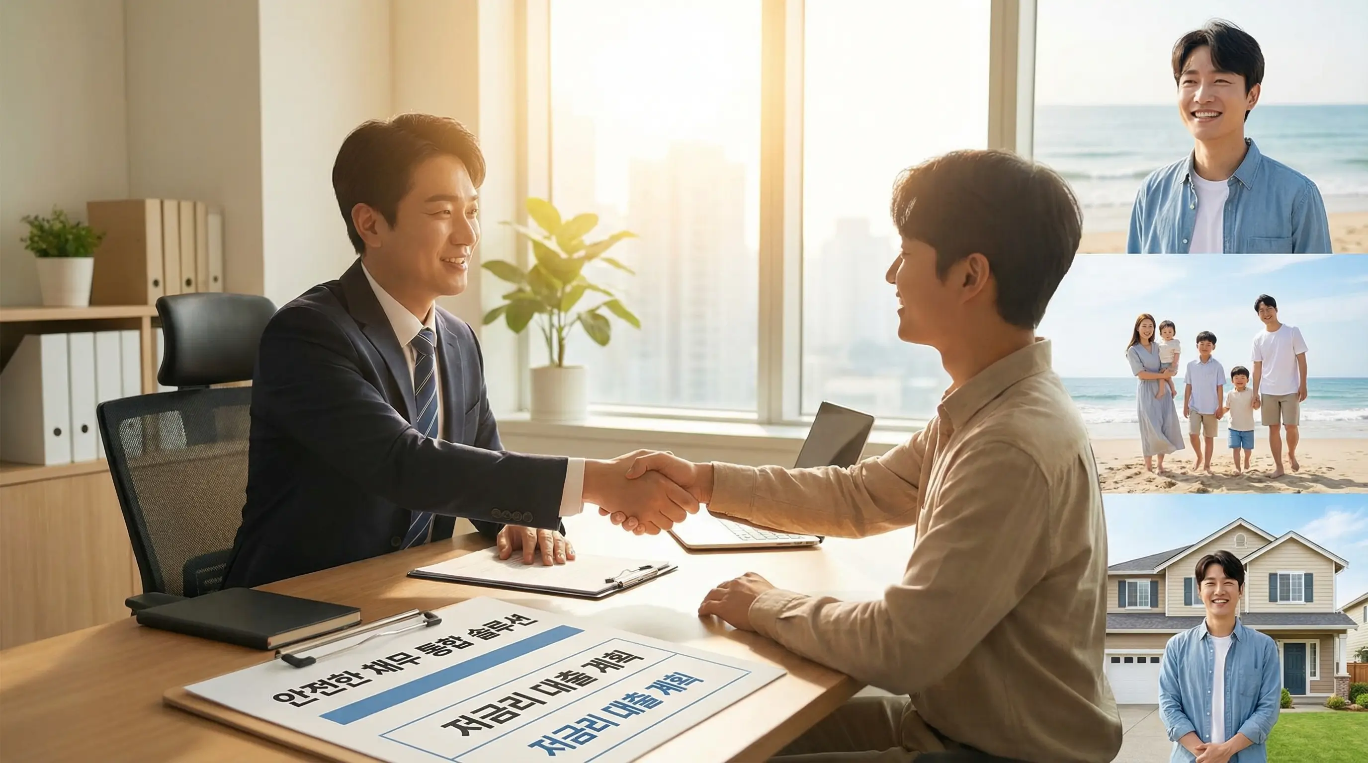 금융 전문가와 상담하여 안전한 채무 통합 방법을 찾고 빚의 굴레에서 벗어나는 희망찬 모습