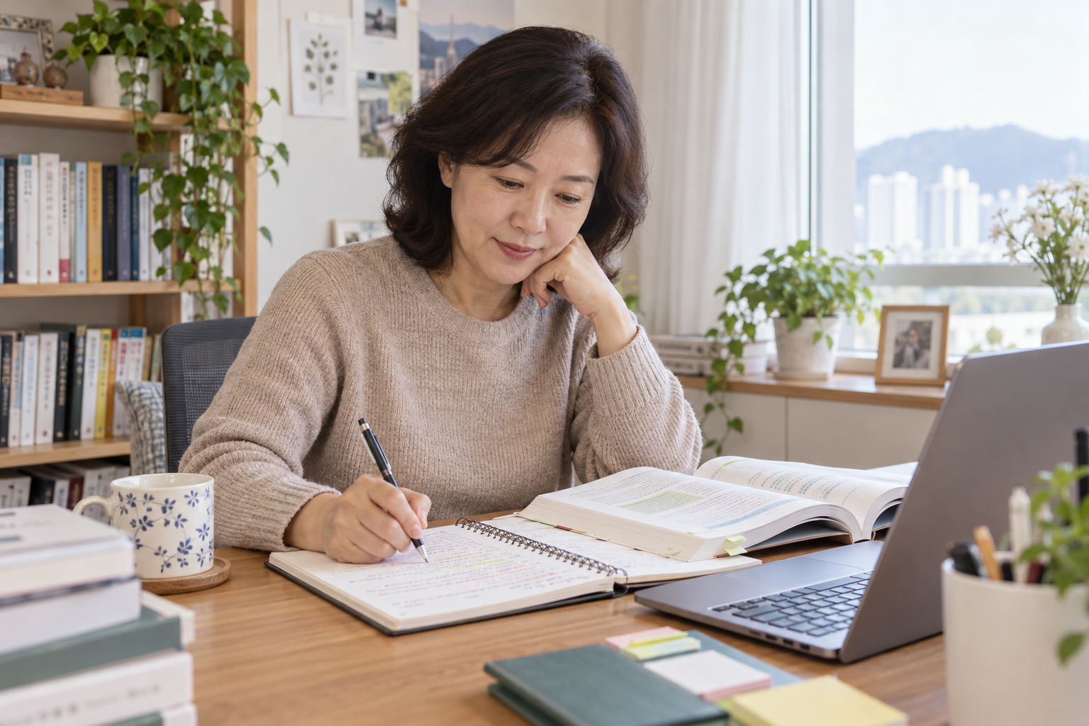 직업상담사 2급 시험을 공부하는 한국인 50대 여성