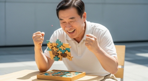 퍼즐 게임에서 승리한 중년 남성의 밝은 웃음
