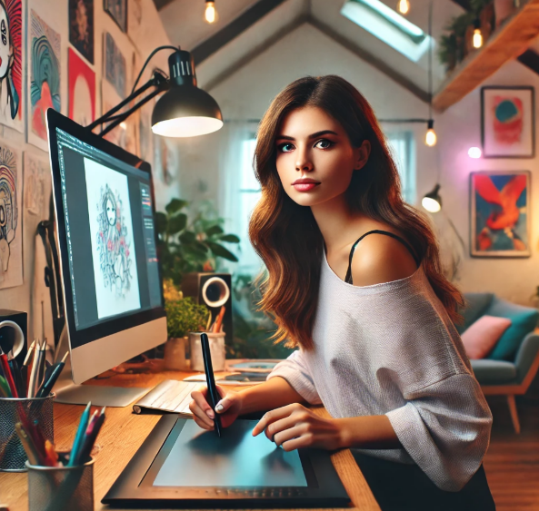 젊은 여성이 컴퓨터 앞에서 자기 계발, 그림 그리는 모습의 그림