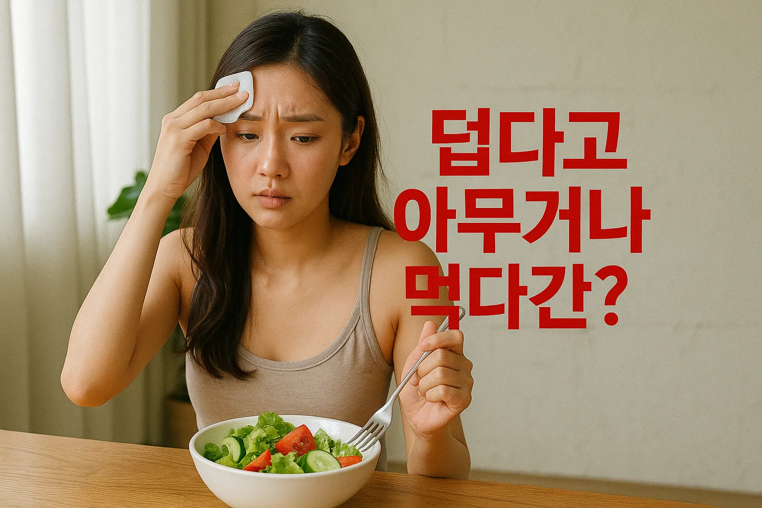 덥고 지친 표정으로 이마의 땀을 닦으며 다이어트 샐러드를 바라보는 20대 한국 여성, 여름 다이어트 식단