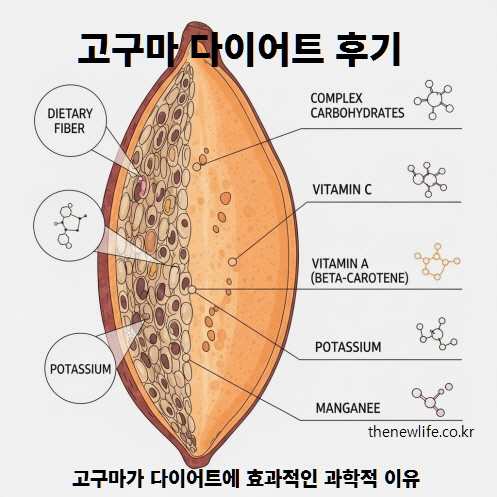 고구마 단면에 표시된 영양 성분 &ndash; 식이섬유, 복합 탄수화물, 비타민 A&middot;C, 칼륨, 망간 등 다이어트 효과를 주는 요소