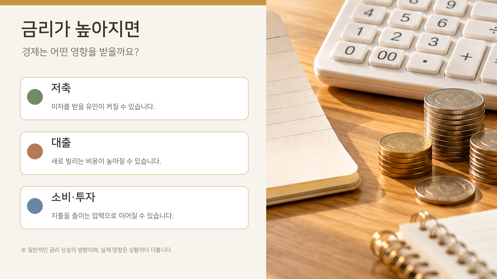 계산기와 가계부 사진 옆에 금리 상승이 저축 유인·대출 비용·소비와 투자에 미치는 일반적 영향을 설명한 이미지