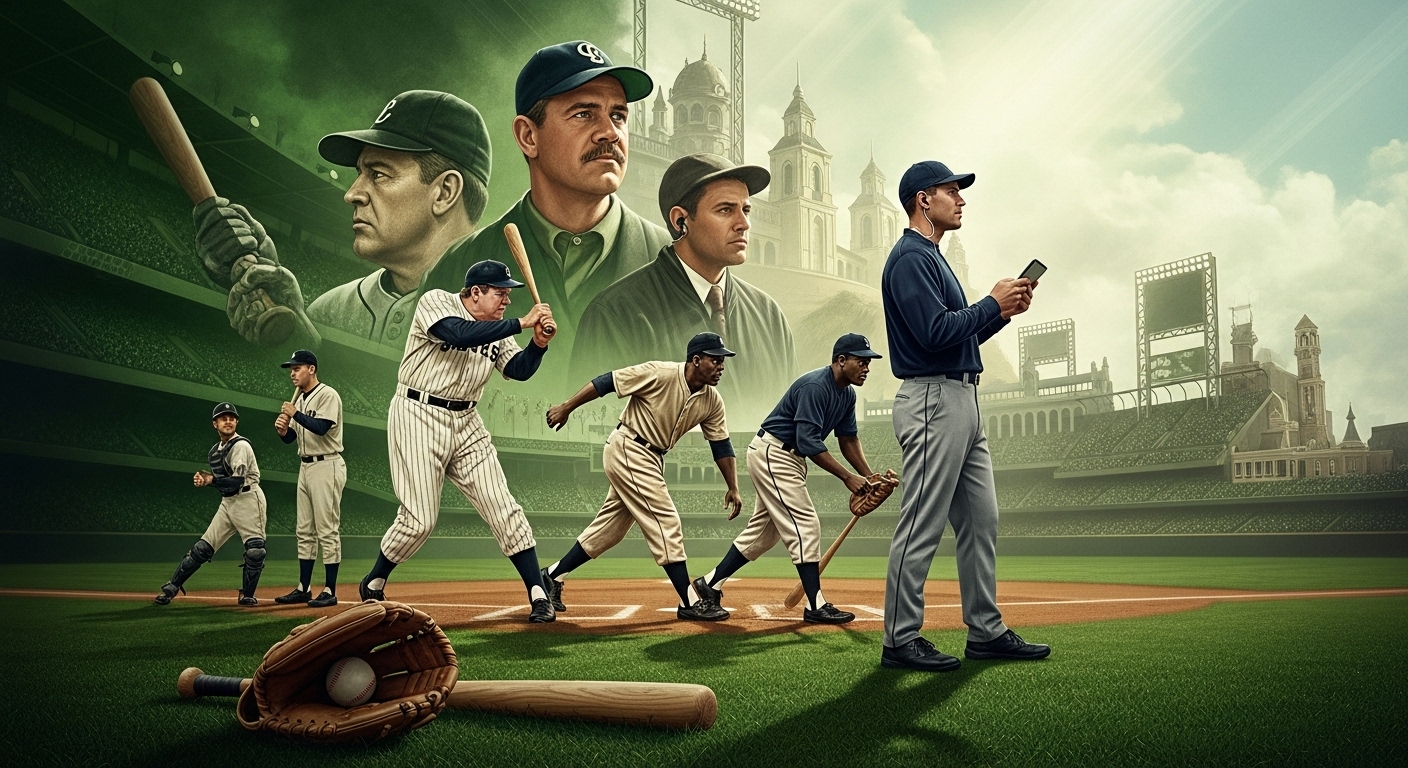 야구 역사를 바꾼 전설적인 선수들과 시대별 혁신을 상징하는 역동적인 삽화