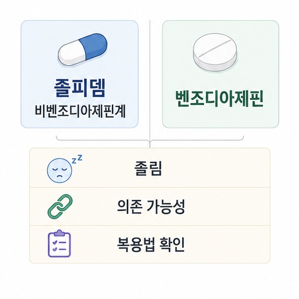 졸피뎀과 벤조디아제핀의 분류 차이와 졸림, 의존 가능성 등 공통적으로 확인할 주의점을 표현한 이미지