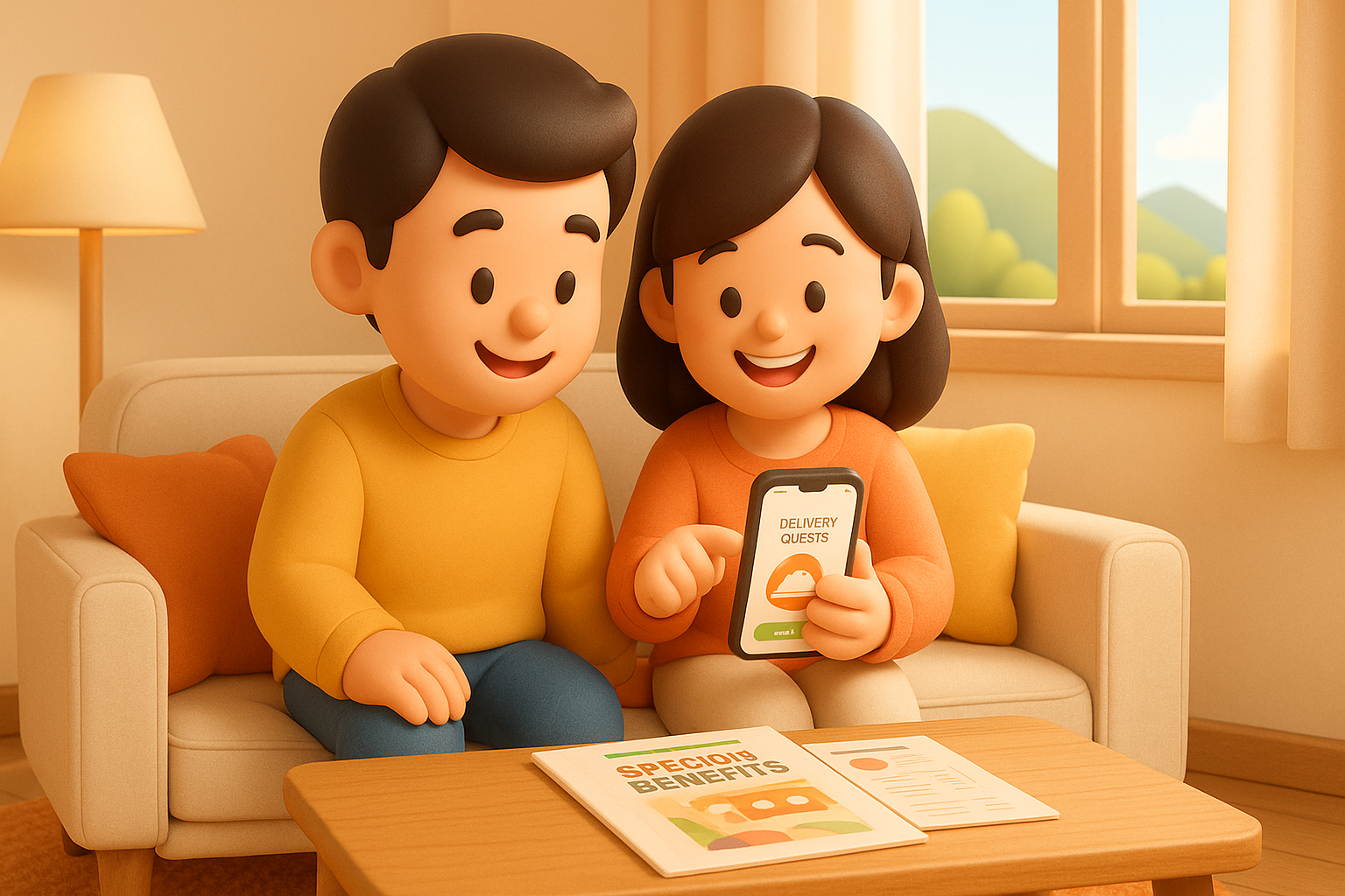 펜션 방 안에서 행복한 표정으로 스마트폰을 보며 배달 음식을 주문하는 커플