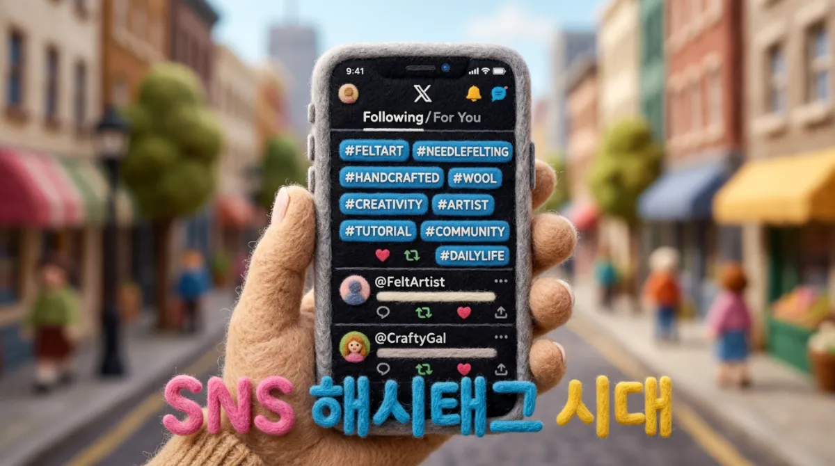 양모로 만든 스마트폰 화면에 표시된 SNS 해시태그 피드
