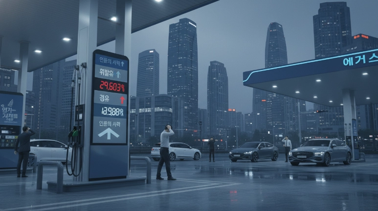 주유소 유류 가격 표시판에 급격히 오르는 기름값을 보여주는 한국 주유소 풍경, 소비자 부담 증가를 상징.