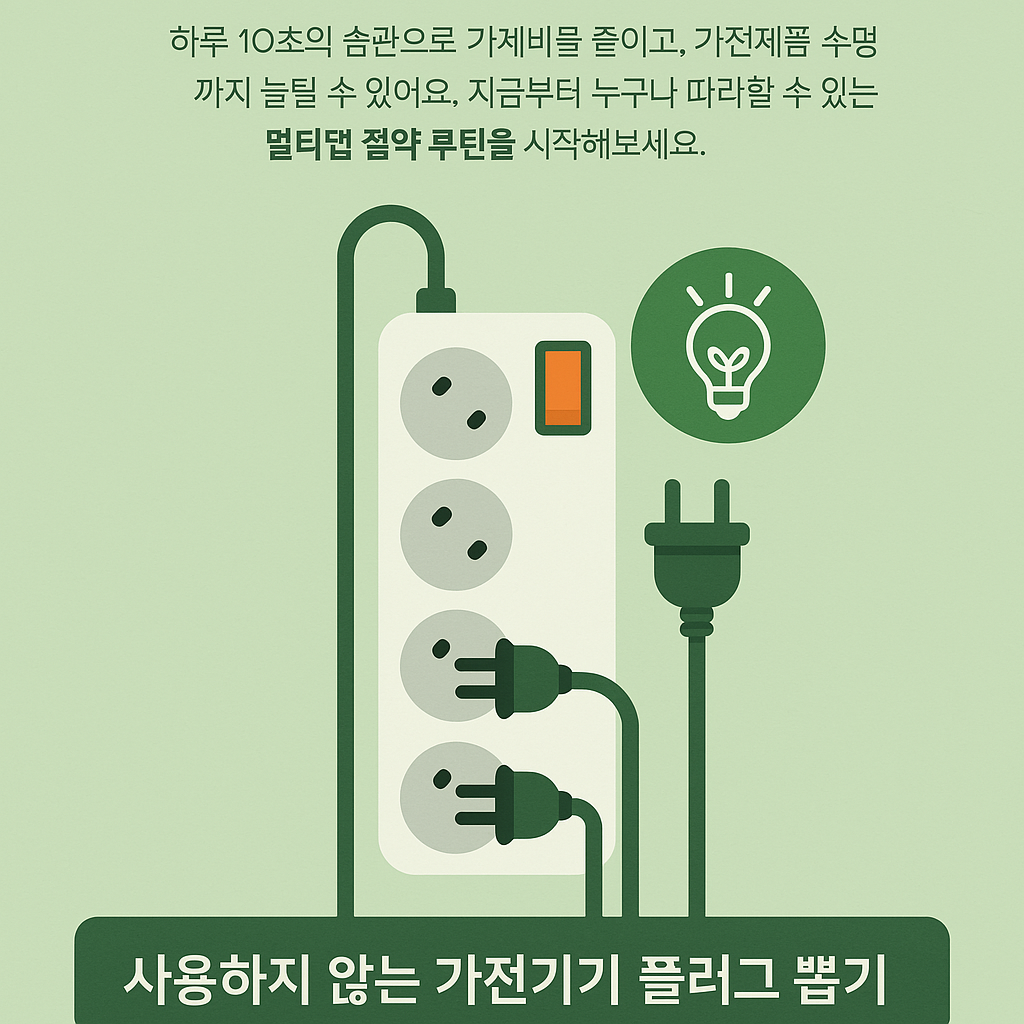 멀티탭 절약 루틴 인포그래픽 – 전기요금 절감을 위한 멀티탭 사용 습관과 대기전력 차단 팁 안내.