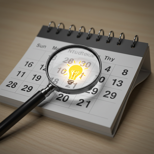 돋보기로 달력의 특정 날짜(확인기일)