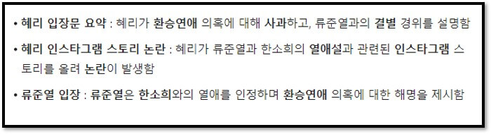 혜리 입장문 요약 : 혜리가 환승연애 의혹에 대해 사과하고&#44; 류준열과의 결별 경위를 설명함
혜리 인스타그램 스토리 논란 : 혜리가 류준열과 한소희의 열애설과 관련된 인스타그램 스토리를 올려 논란이 발생함
류준열 입장 : 류준열은 한소희와의 열애를 인정하며 환승연애 의혹에 대한 해명을 제시함