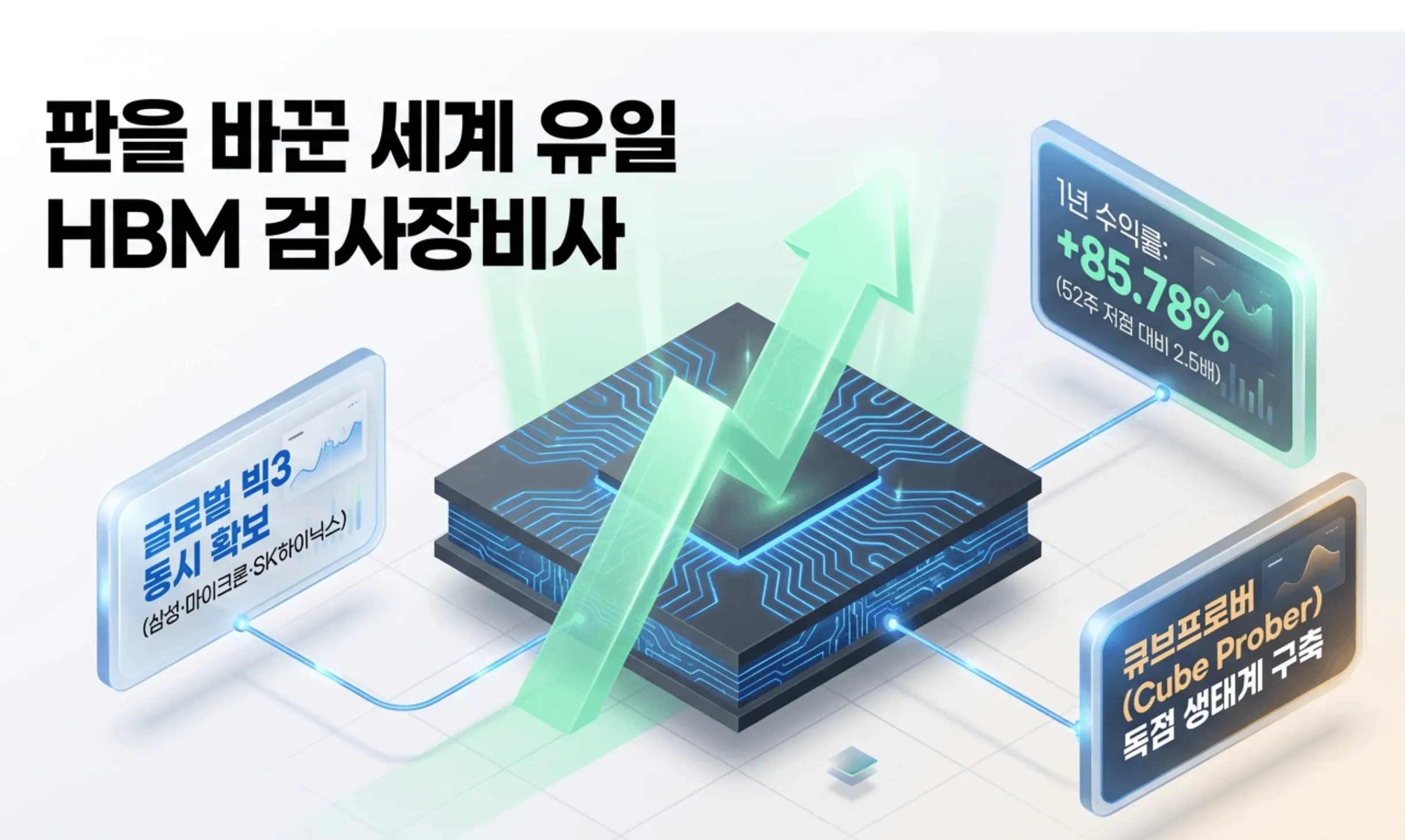 테크윙 주가 전망: &rsquo;판을 바꾼 세계 유일 HBM 검사장비사'라는 문구가 담긴 테크윙 주가 전망 대표 이미지. 반도체 칩과 상승 화살표를 중심으로 삼성&middot;마이크론&middot;SK하이닉스 글로벌 빅3 동시 확보, 큐브프로버 독점 생태계 구축, 1년 수익률 +85.78%(52주 저점 대비 2.5배) 정보를 시각적으로 전달하며, 블로그의 테크윙 종목 분석과 큐브프로버 HBM 검사장비 주제를 설명함