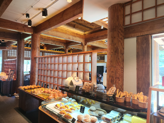 A view of the bread display case inside the cafe