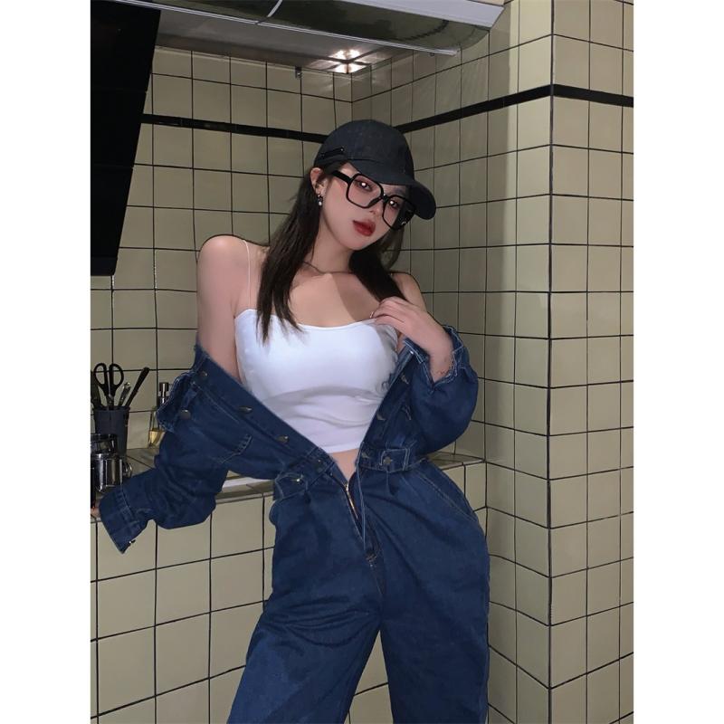 여성 슬랙스 점프 슈트 츠나기 바지 데님 오버 롤