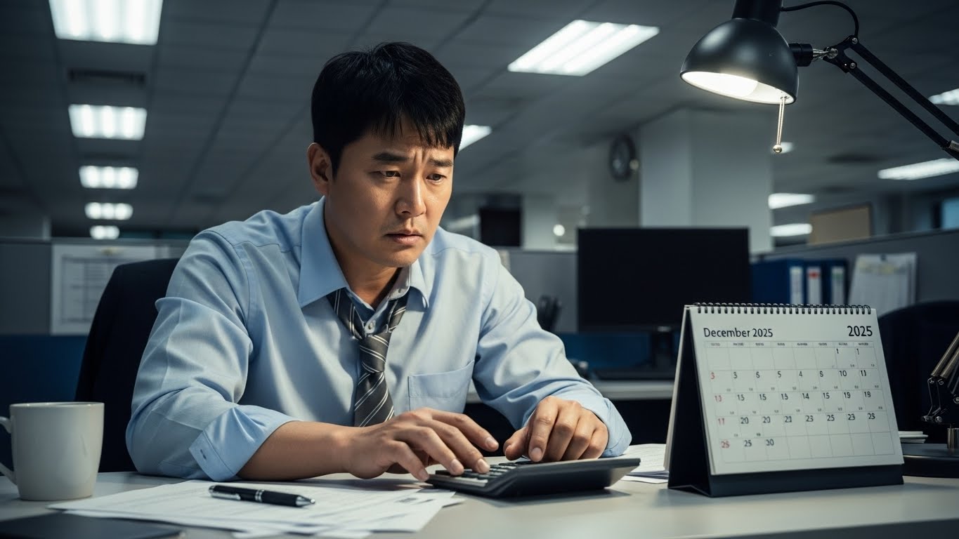2026년 연봉 협상을 앞두고 계산기로 실수령액을 계산하며 고민하는 한국 직장인