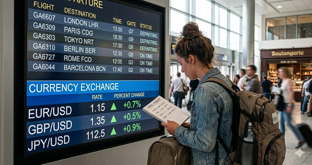 환율 인상을 알리는 항공 출발 안내판