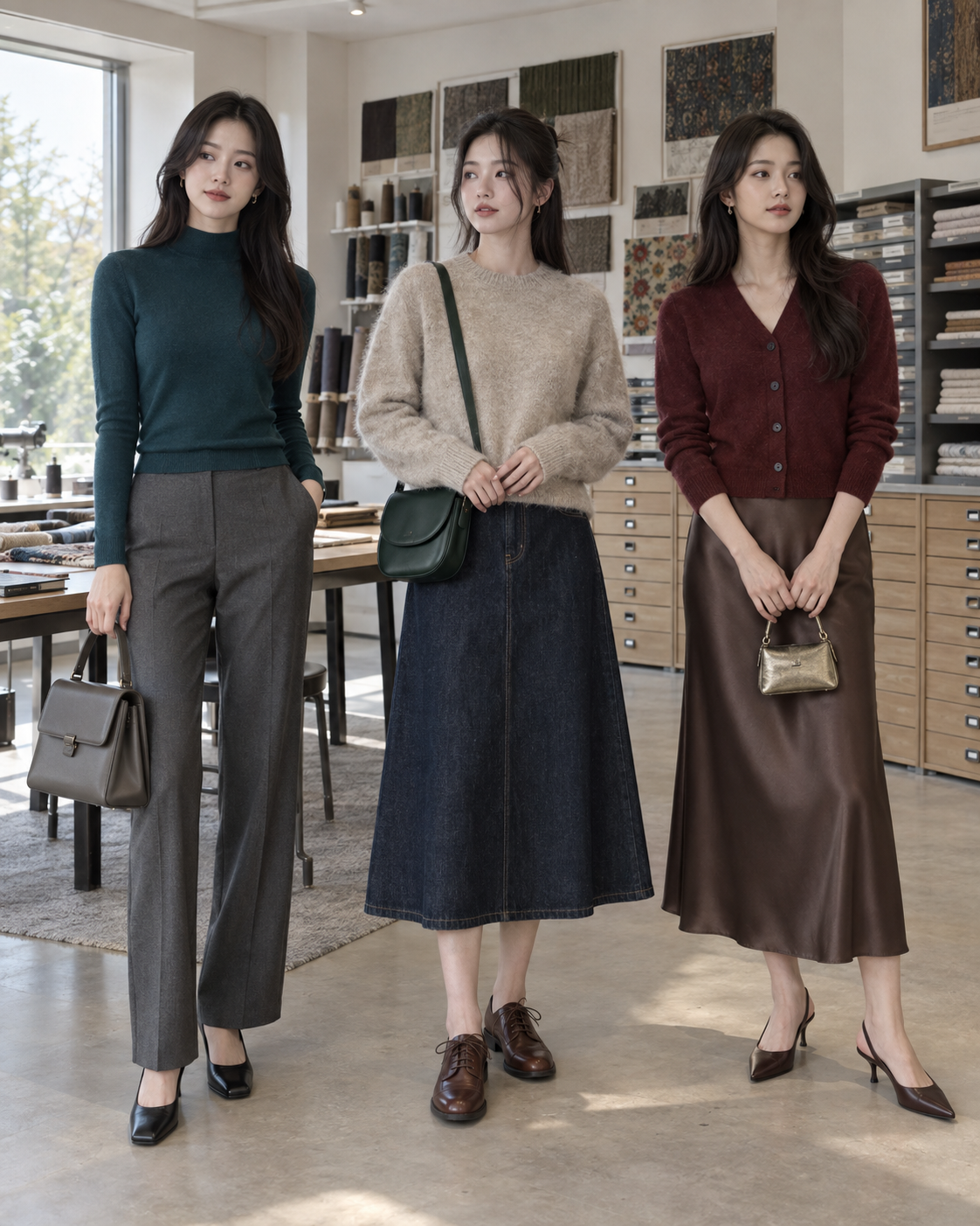 왼쪽부터 딥 틸 메리노울, 오트밀 램스울, 더스티 버건디 캐시미어 니트