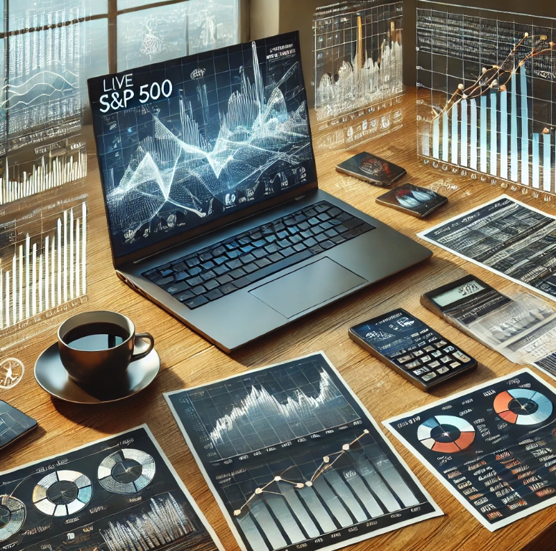 책상위에 노트북 커피 휴대폰 계산기 등 이 있다.