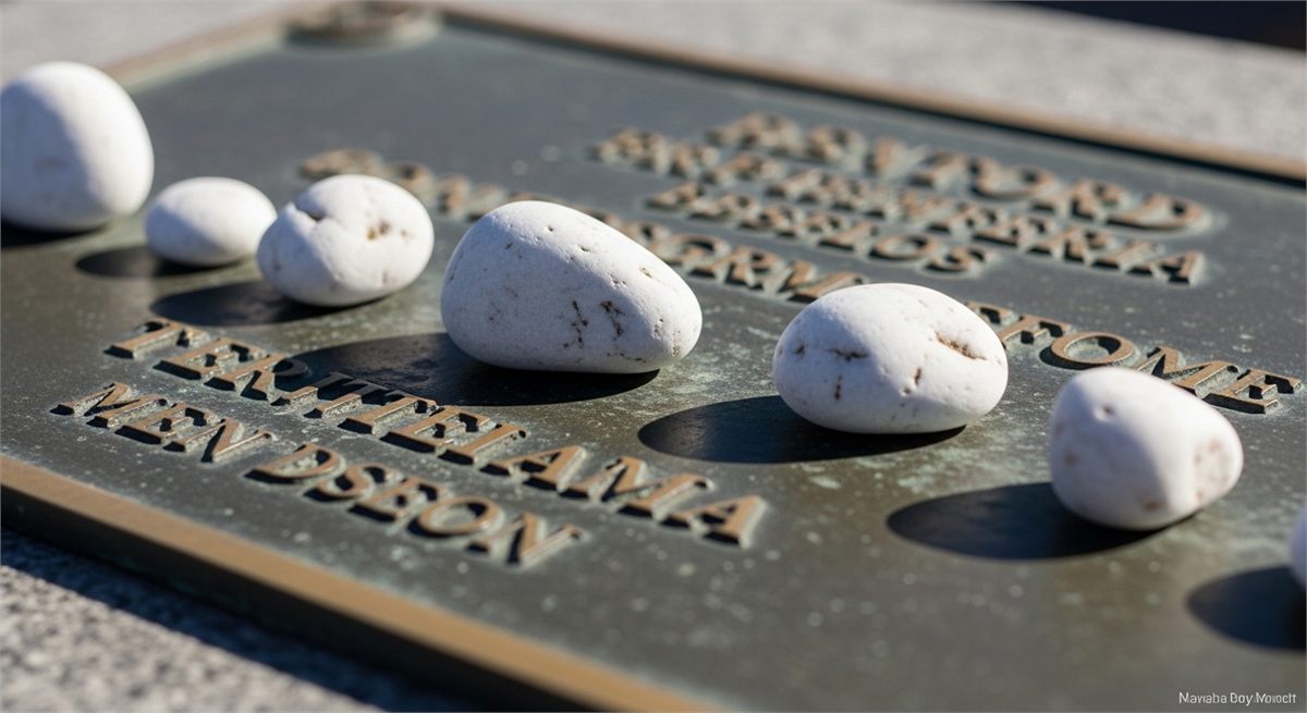 글자는 보이지 않게 처리한 추모 명판과 작은 돌 장면