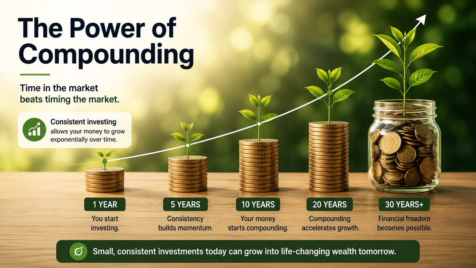 Compound growth chart showing how consistent long-term investing builds wealth through compounding returns over time.