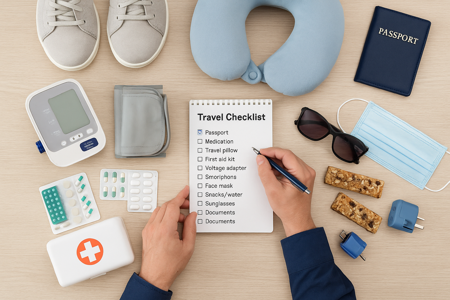 50대 해외여행 준비를 위한 필수 아이템들 — 여행 체크리스트, 상비약, 혈압계, 목베개, 여권, 마스크, 선글라스, 간식바, 충전 어댑터 등이 정갈하게 펼쳐진 모습