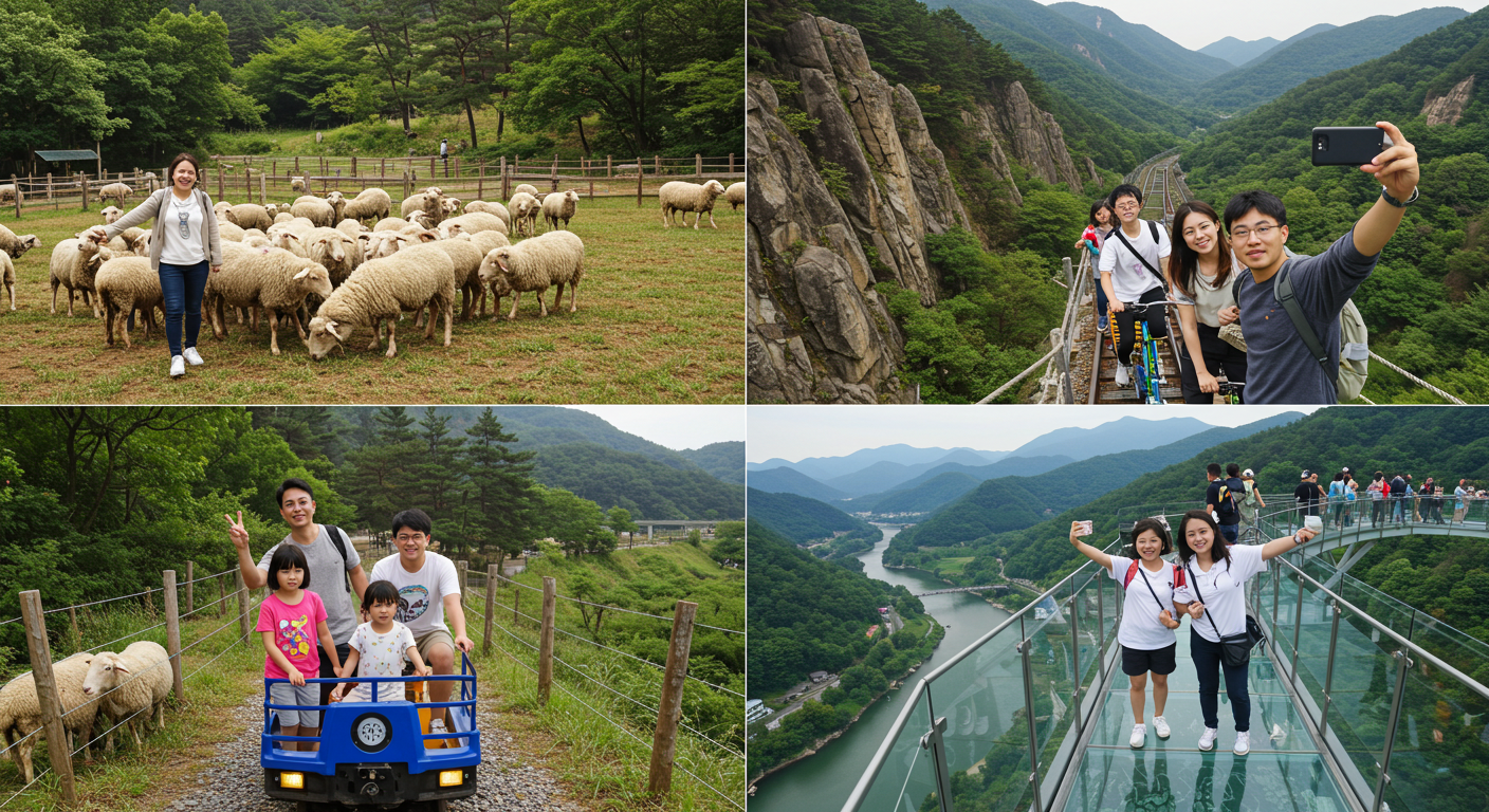대관령 목장, 정선 레일바이크, 춘천 소양강 스카이워크에서 즐거운 시간을 보내는 가족의 모습