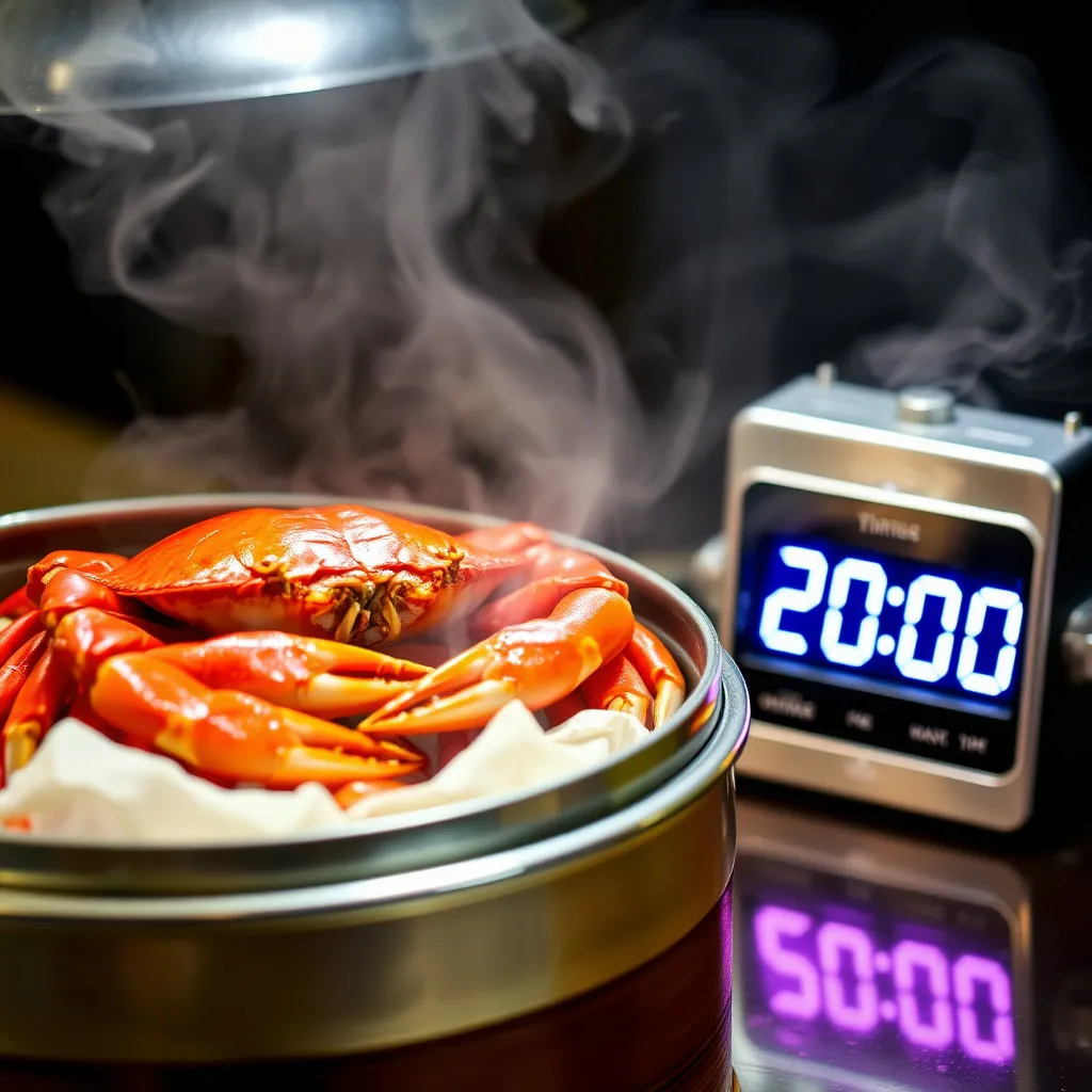 찜기 옆에 놓인 디지털 또는 아날로그 타이머가 ‘20:00’분 정도에 설정되어 작동 중인 모습입니다. 꽃게찜의 성공을 위해 정확한 시간을 지키는 것이 중요하다는 메시지를 담습니다.