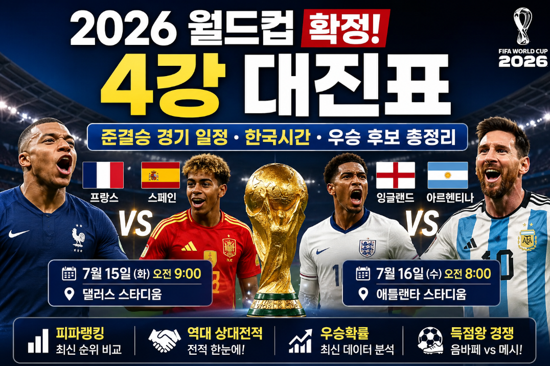 2026 월드컵 4강 대진표 확정! 준결승 경기 일정·한국시간·우승후보 총정리