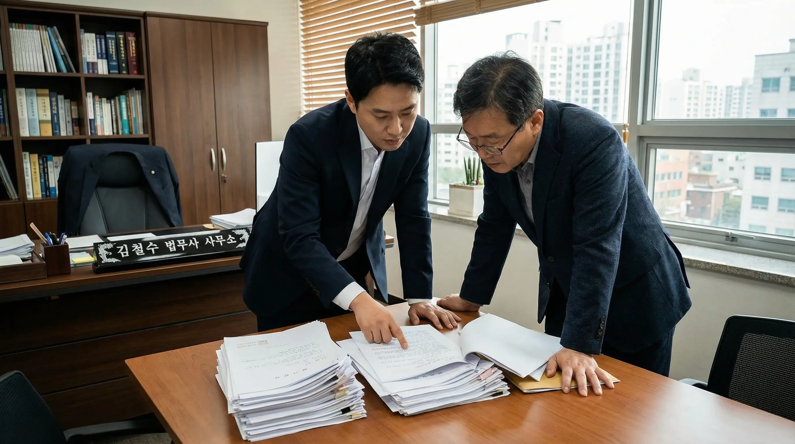 한국인 40대 남성이 법무사 사무실에서 상속등기 서류 뭉치를 책상에 펼쳐놓고 법무사와 함께 검토하며 상담하는 전문적인 장면