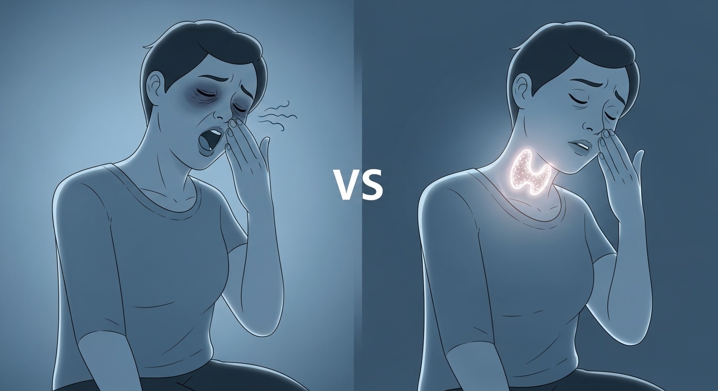 피곤해 보이는 사람의 목에 갑상선 부위가 흐릿하게 강조되어 단순 피로와 갑상선암 증상의 구별을 시각적으로 나타내는 이미지