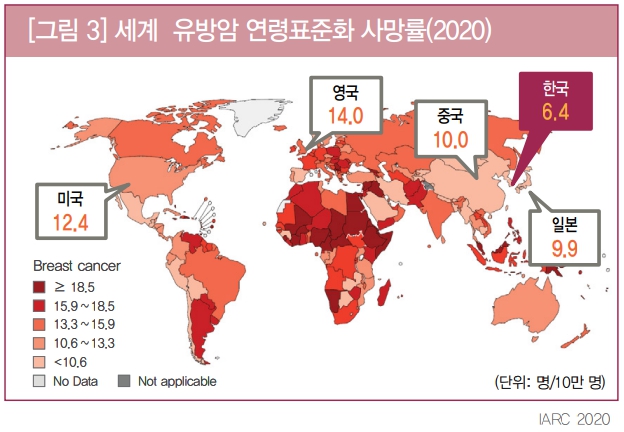 세계 유방암 연령표준화 사망률(2020)
