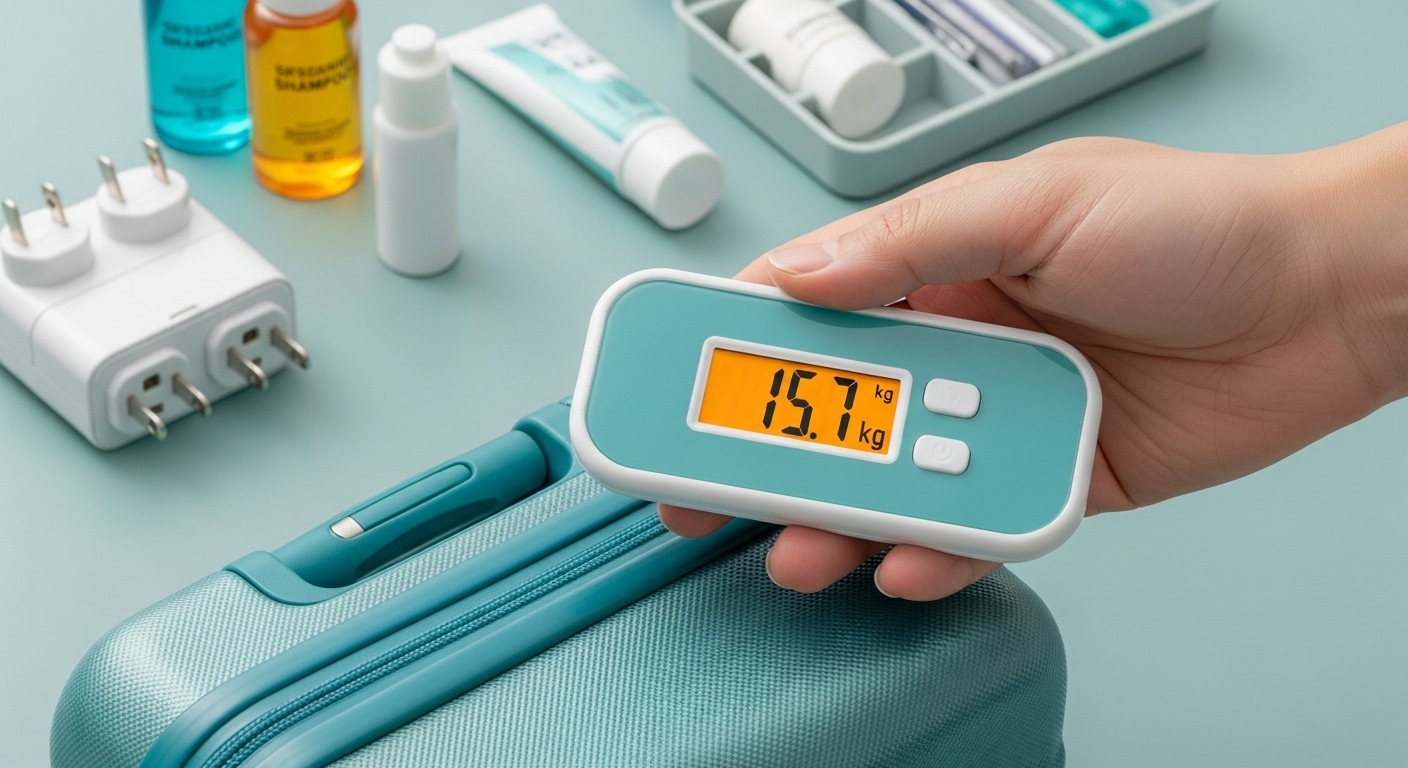 휴대용 저울로 작은 여행 캐리어의 무게를 재는 손. 배경에는 멀티 어댑터와 여행용 소분 용기가 보여 스마트한 여행 필수품을 강조합니다.