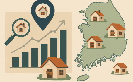 "지자체별 빈집 현황을 표현한 일러스트, 대한민국 지도 위에 빈집 아이콘이 배치되고 옆에는 증가 추이를 보여주는 그래프와 확대경 아이콘이 함께 있는 모습"