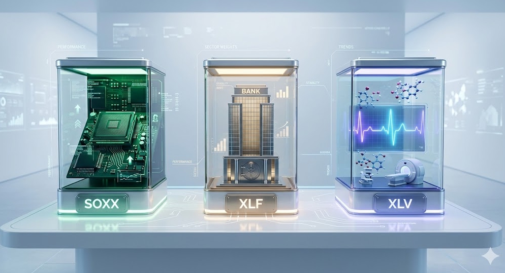 반도체 SOXX, 금융 XLF, 헬스케어 XLV 등 미국 섹터별 대표 ETF 비교 분석 인포그래픽