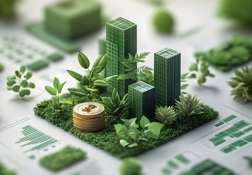 친환경 배경 위에 지구와 그래프가 함께 보이는 ESG 투자 콘셉트 이미지